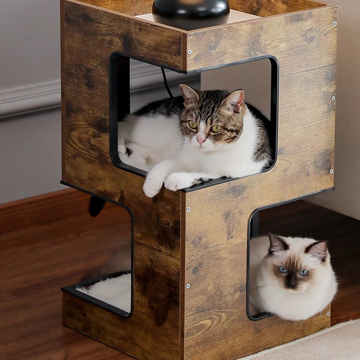23" Wood Cat House Furniture for Indoor Cats, Modern Cat Tree Tower Bed with Free Cat Toy, Scratching Pad and Removable Soft Mats, Small Cat Condo, Brown