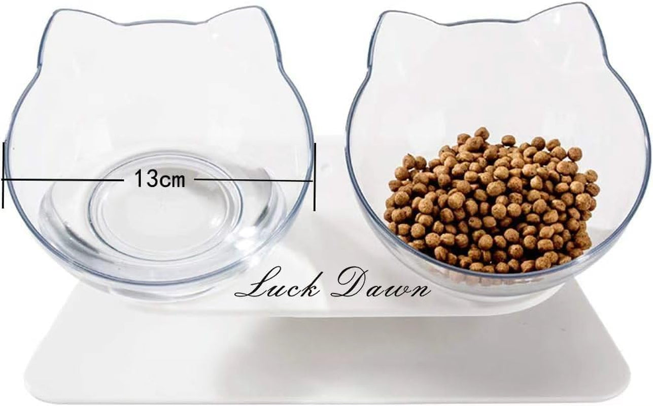 Double Elevated Cat Bowls with Raised Stand, 15 Tilted Cat Design Neck Guard Stand Pet Food Water Feeder Bowl for Cats or Small Dogs
