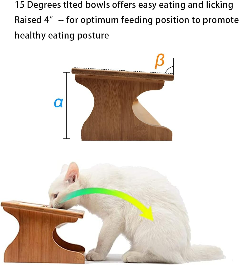 Premium Elevated Pet Bowls,15° Tilted Raised Cat Feeder Solid Bamboo Stand Food Feeding Bowl for Cats and Puppy (3 Bowls,Stainless)