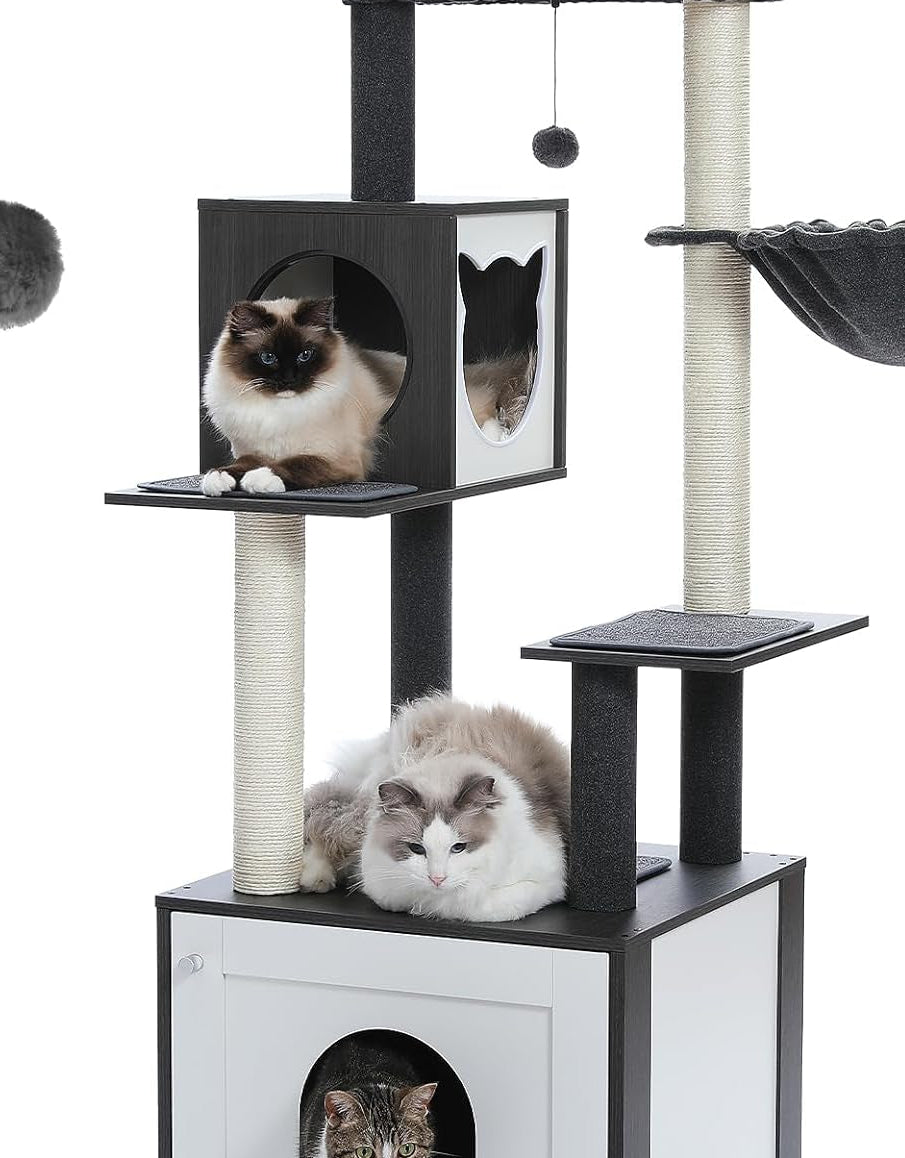 56.7" Cat Tree with Litter Box Enclosure Large, Wood Cat Tower for Indoor Cats with Storage Cabinet and Cozy Cat Condo, Sisal Covered Scratching Post and Repalcable Dangling Balls, Black