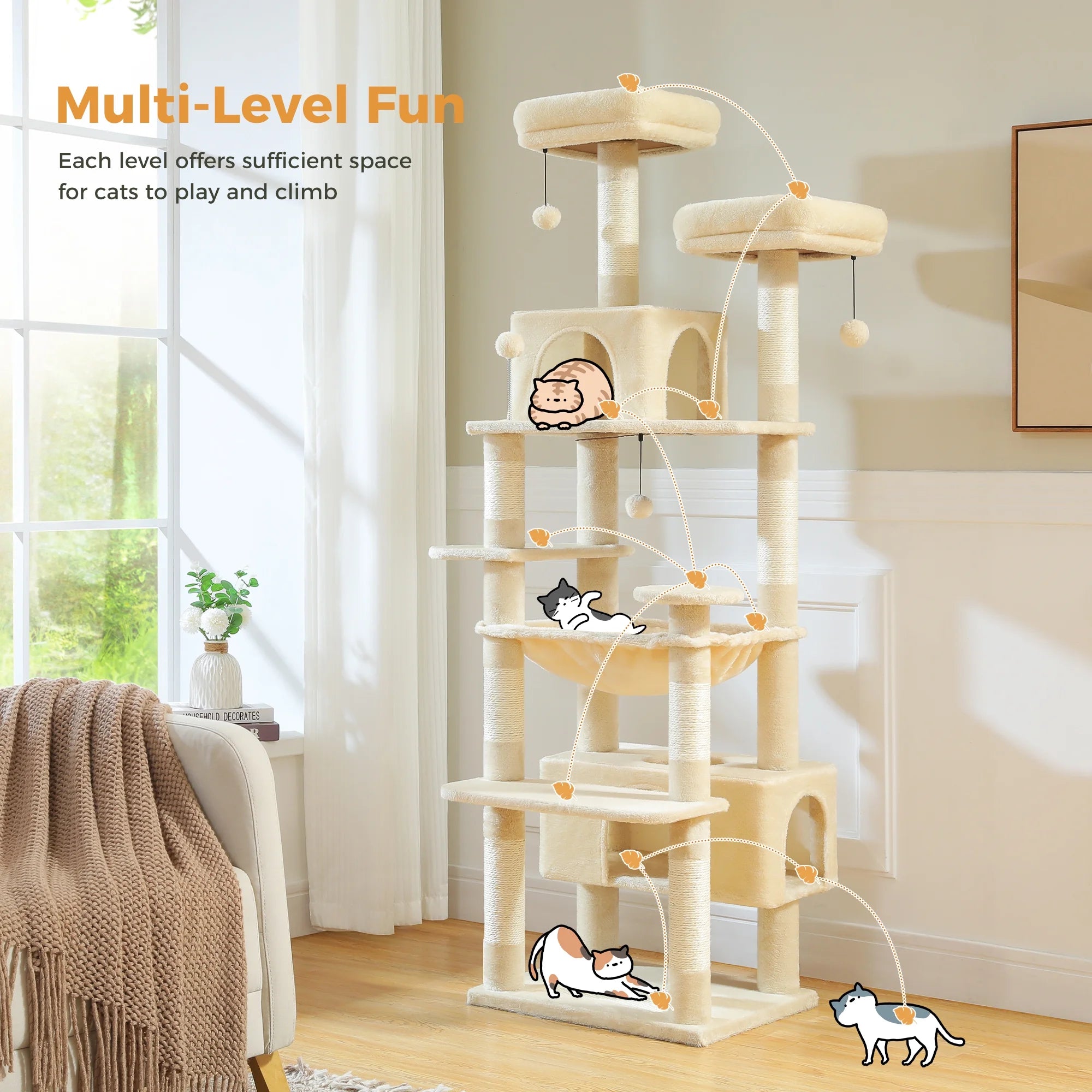 73"Cat Tree for Large Cats Multi Level Play Tower Condo 7 Sisal Cat Scratching Posts,Beige