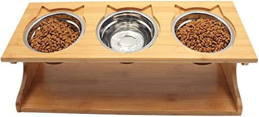 Premium Elevated Pet Bowls,15° Tilted Raised Cat Feeder Solid Bamboo Stand Food Feeding Bowl for Cats and Puppy (3 Bowls,Stainless)