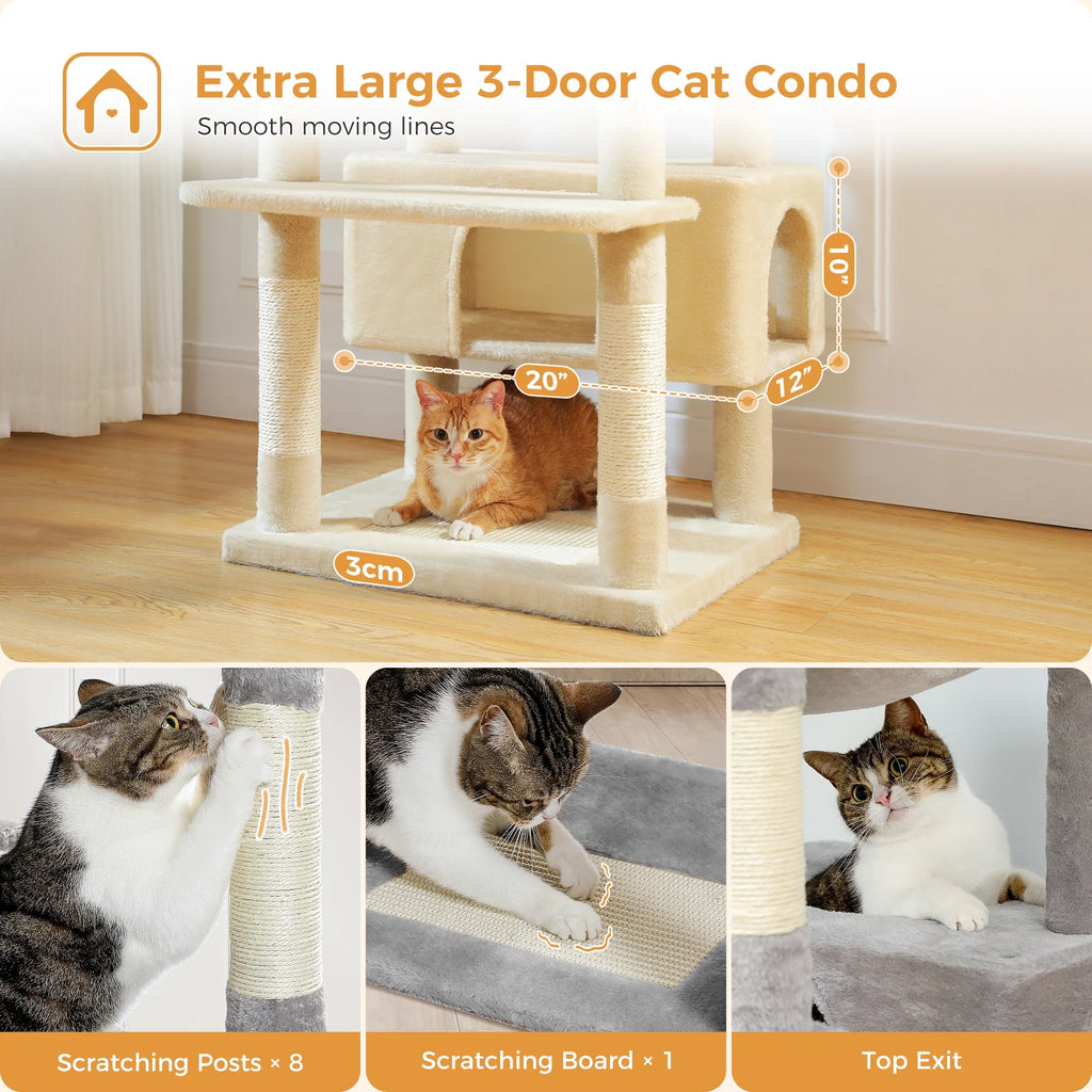 73"Cat Tree for Large Cats Multi Level Play Tower Condo 7 Sisal Cat Scratching Posts,Beige