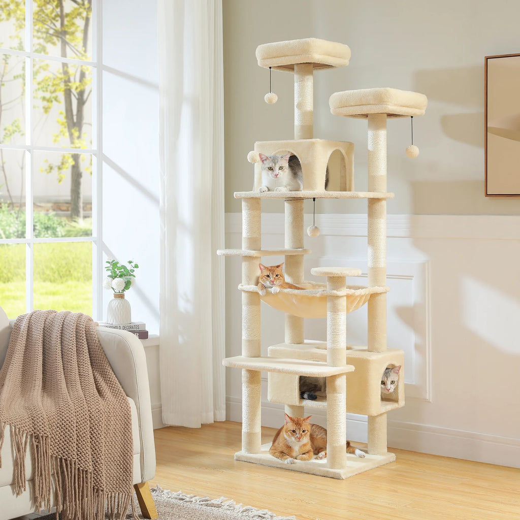 73"Cat Tree for Large Cats Multi Level Play Tower Condo 7 Sisal Cat Scratching Posts,Beige
