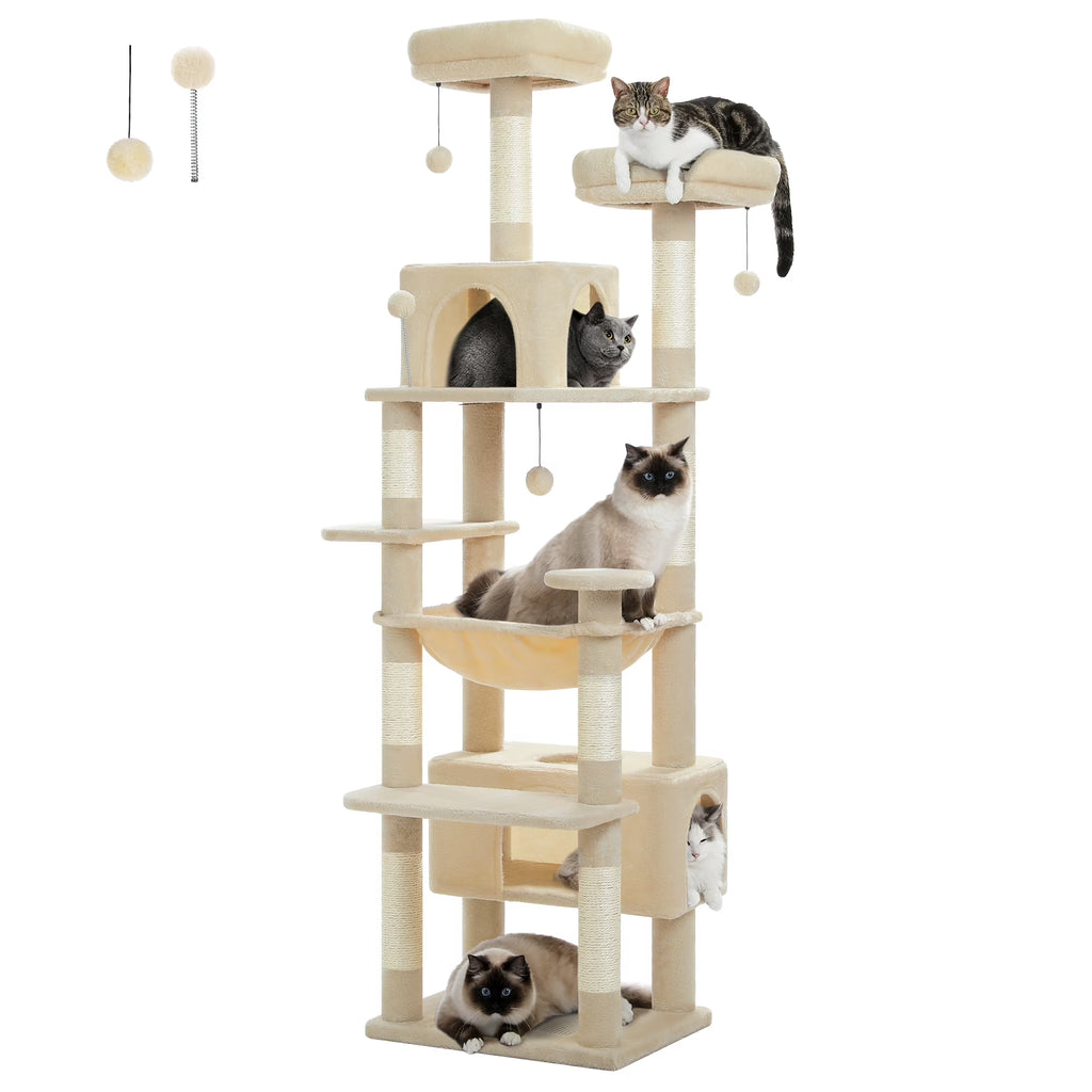 73"Cat Tree for Large Cats Multi Level Play Tower Condo 7 Sisal Cat Scratching Posts,Beige
