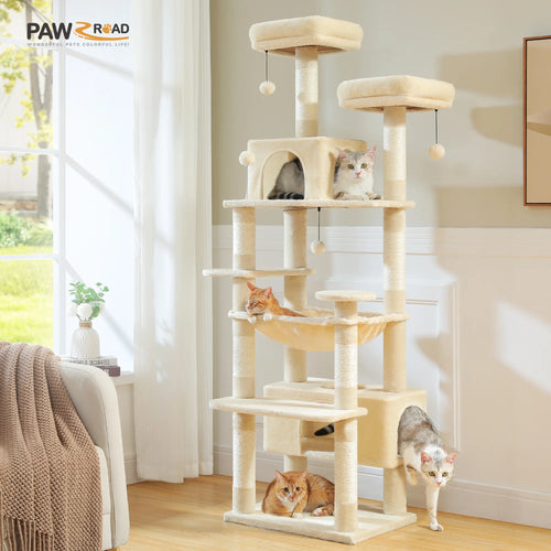 73"Cat Tree for Large Cats Multi Level Play Tower Condo 7 Sisal Cat Scratching Posts,Beige