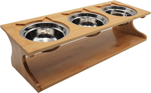 Premium Elevated Pet Bowls,15° Tilted Raised Cat Feeder Solid Bamboo Stand Food Feeding Bowl for Cats and Puppy (3 Bowls,Stainless)