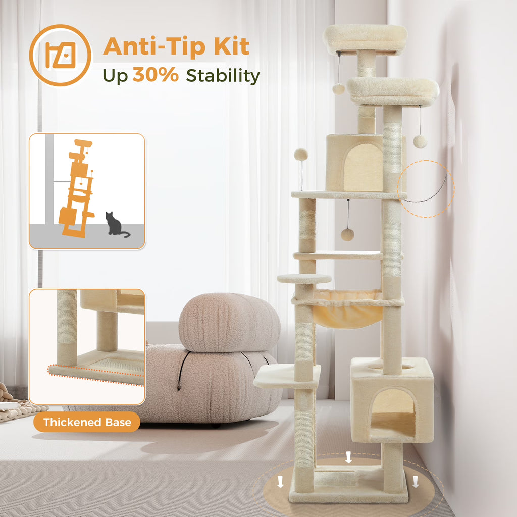 73"Cat Tree for Large Cats Multi Level Play Tower Condo 7 Sisal Cat Scratching Posts,Beige