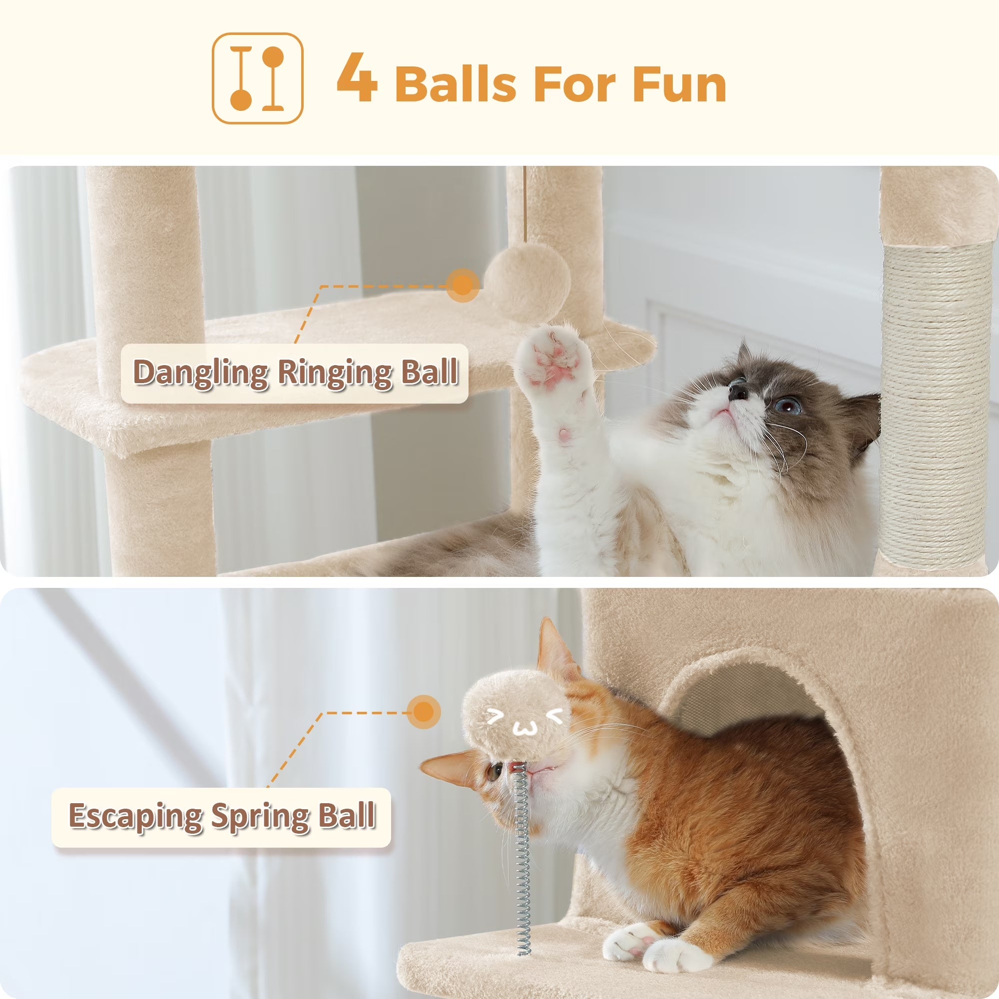 73"Cat Tree for Large Cats Multi Level Play Tower Condo 7 Sisal Cat Scratching Posts,Beige