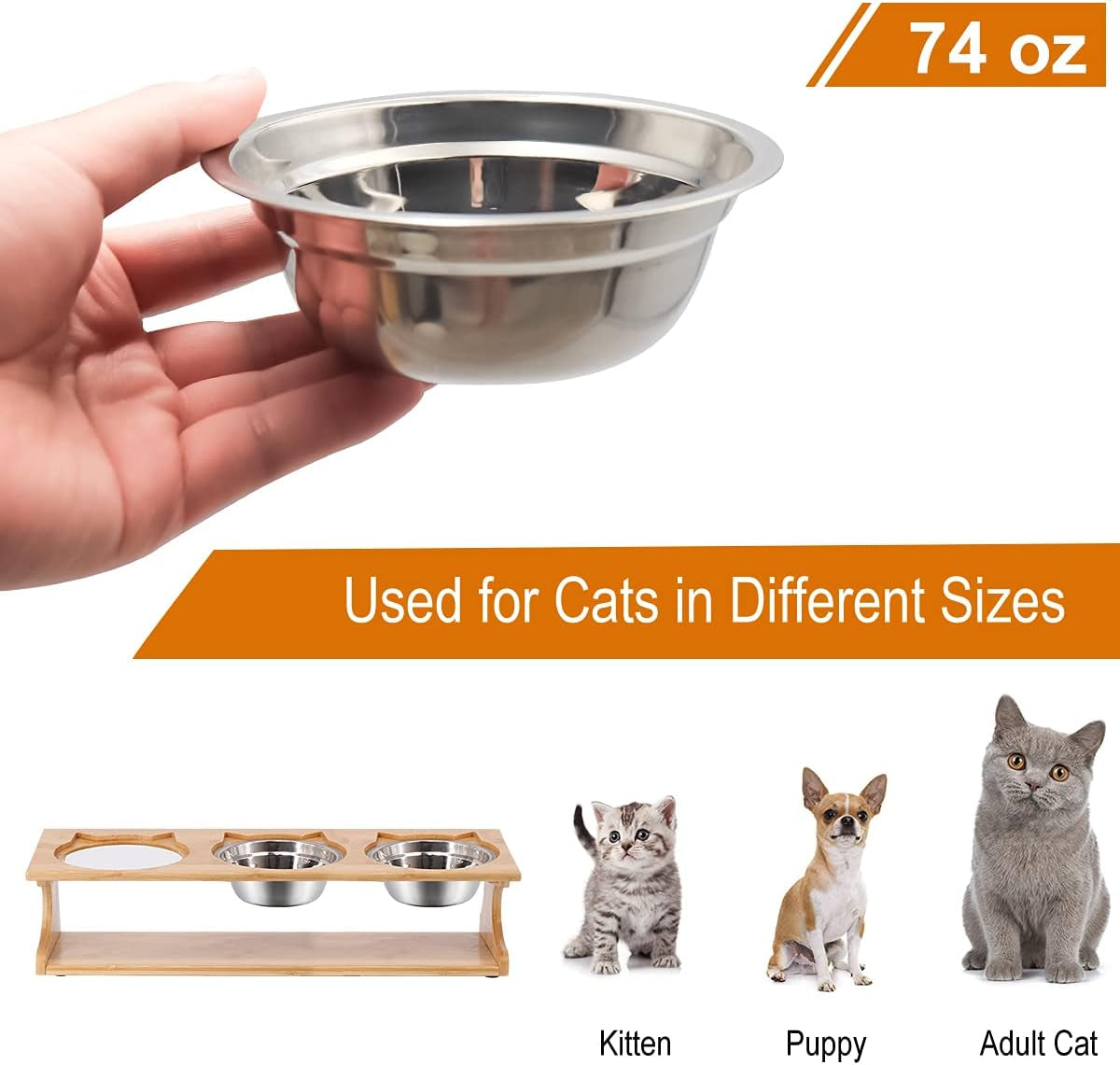 Premium Elevated Pet Bowls,15° Tilted Raised Cat Feeder Solid Bamboo Stand Food Feeding Bowl for Cats and Puppy (3 Bowls,Stainless)