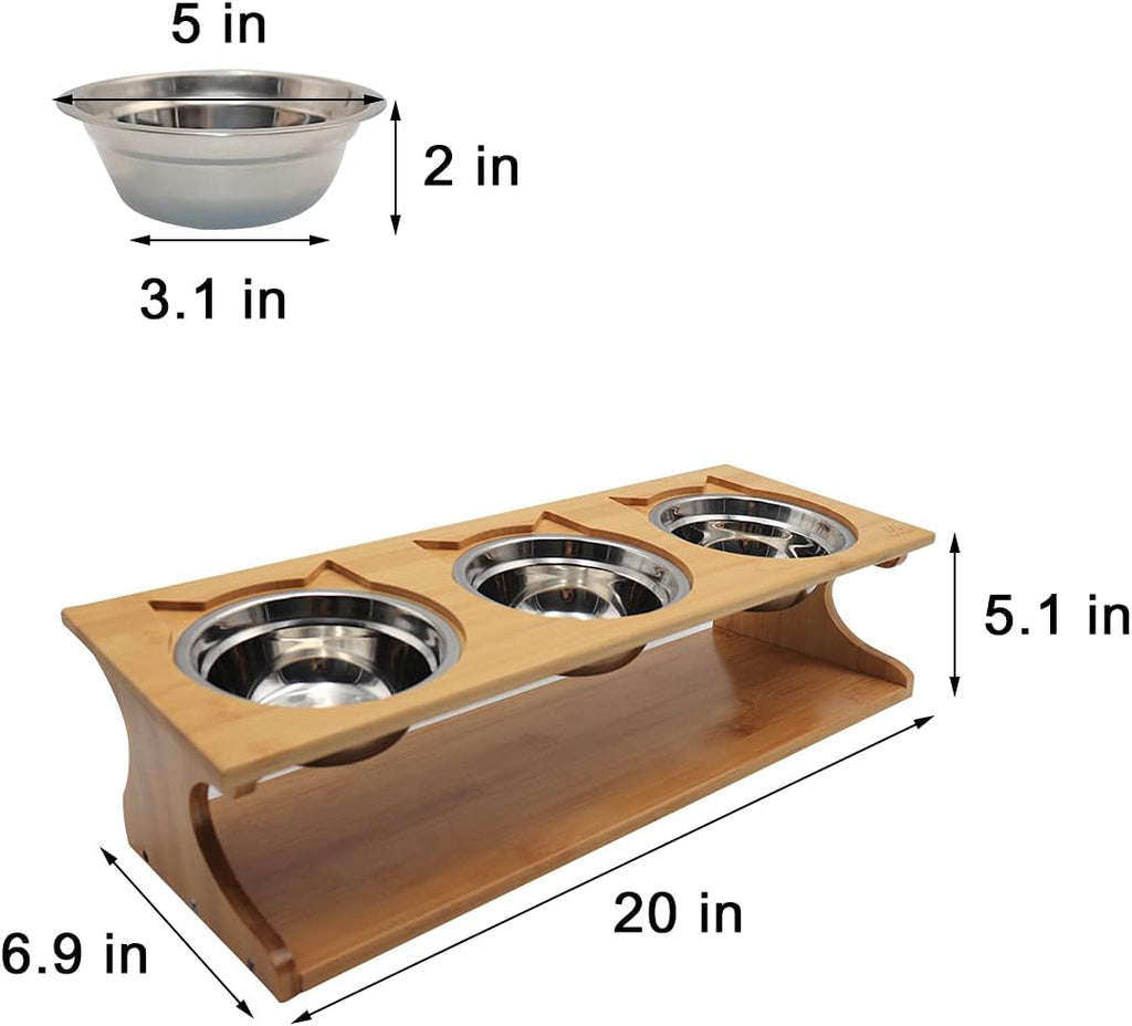 Premium Elevated Pet Bowls,15° Tilted Raised Cat Feeder Solid Bamboo Stand Food Feeding Bowl for Cats and Puppy (3 Bowls,Stainless)