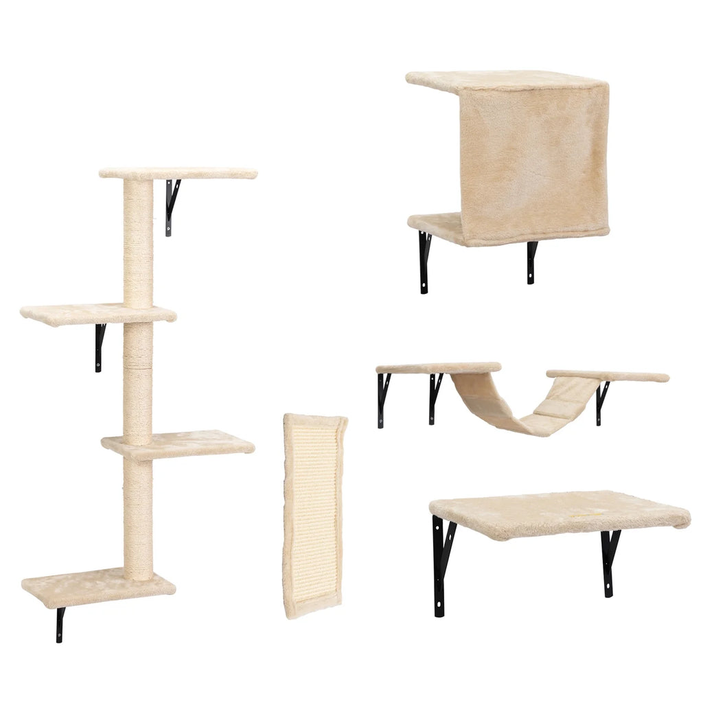 Cat Wall Shelves and Perches Set of 5, Sleeping Playing Lounging Climbing Cat Tree House for Multiple Cats, Beige