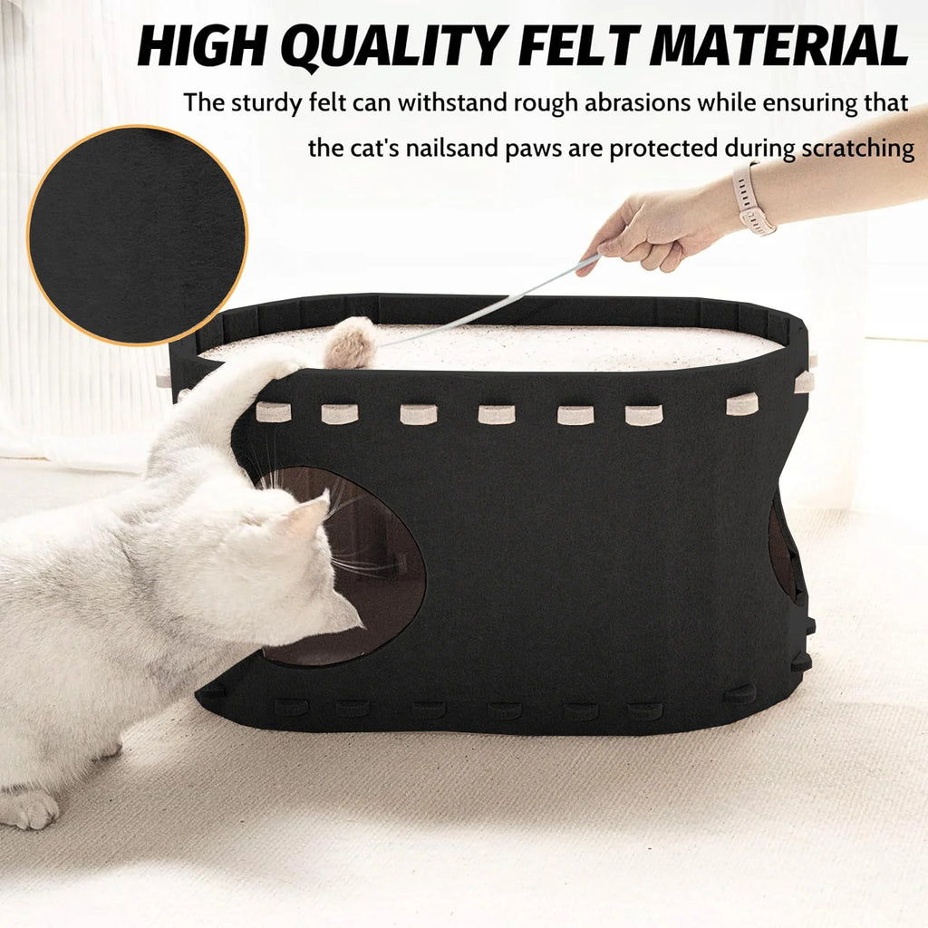 Cat Bed,  Extra Large Cat House with Scratch Pad and Fluffy Ball Hanging ,24"X16"X13", Khaki