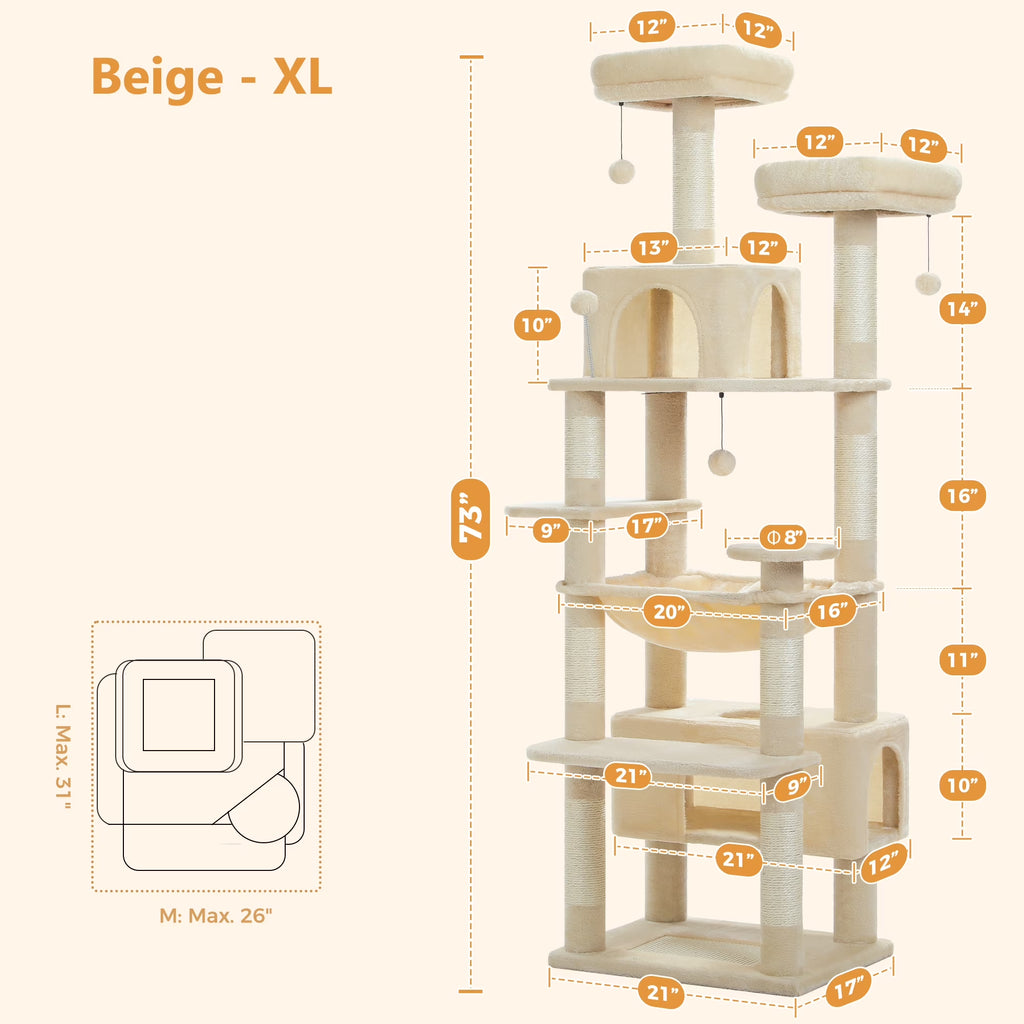 73"Cat Tree for Large Cats Multi Level Play Tower Condo 7 Sisal Cat Scratching Posts,Beige
